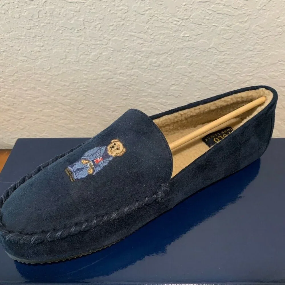 NEW Polo Ralph Lauren Dezi V Bear Slippers! 12 13 Navy Faux Shearling Moccasins